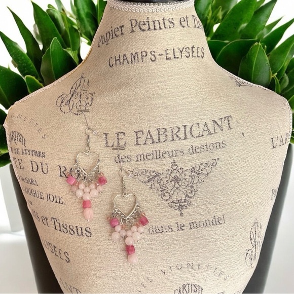 Rose Quartz and Crystals Heart Shaped Silver Toned Chandelier Earrings - Picture 14 of 17